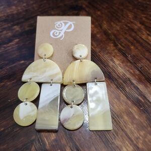 Statement Geometric Drop Earrings Yellow Cream Marble Acrylic Boho Retro